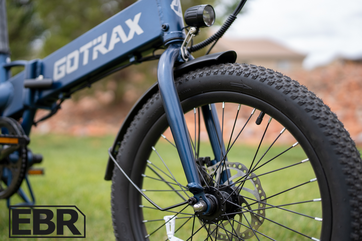 GoTrax E-Fold front rigid fork detail close-up view