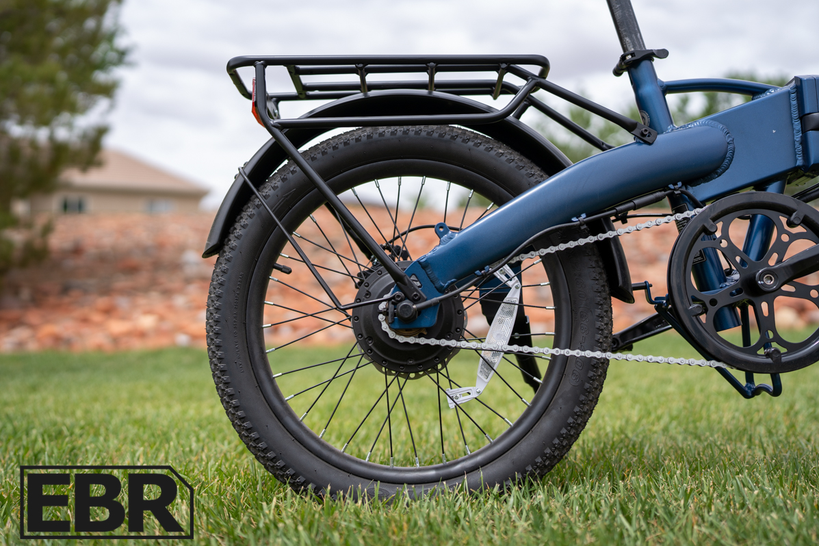 GoTrax E-Fold rear wheel close-up showing hub motor and tire details