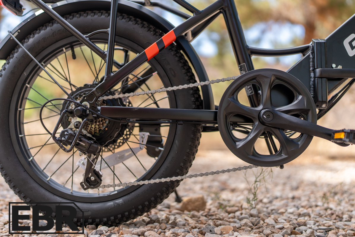 GoTrax F2 electric bike drivetrain components including motor chain and rear gearing system
