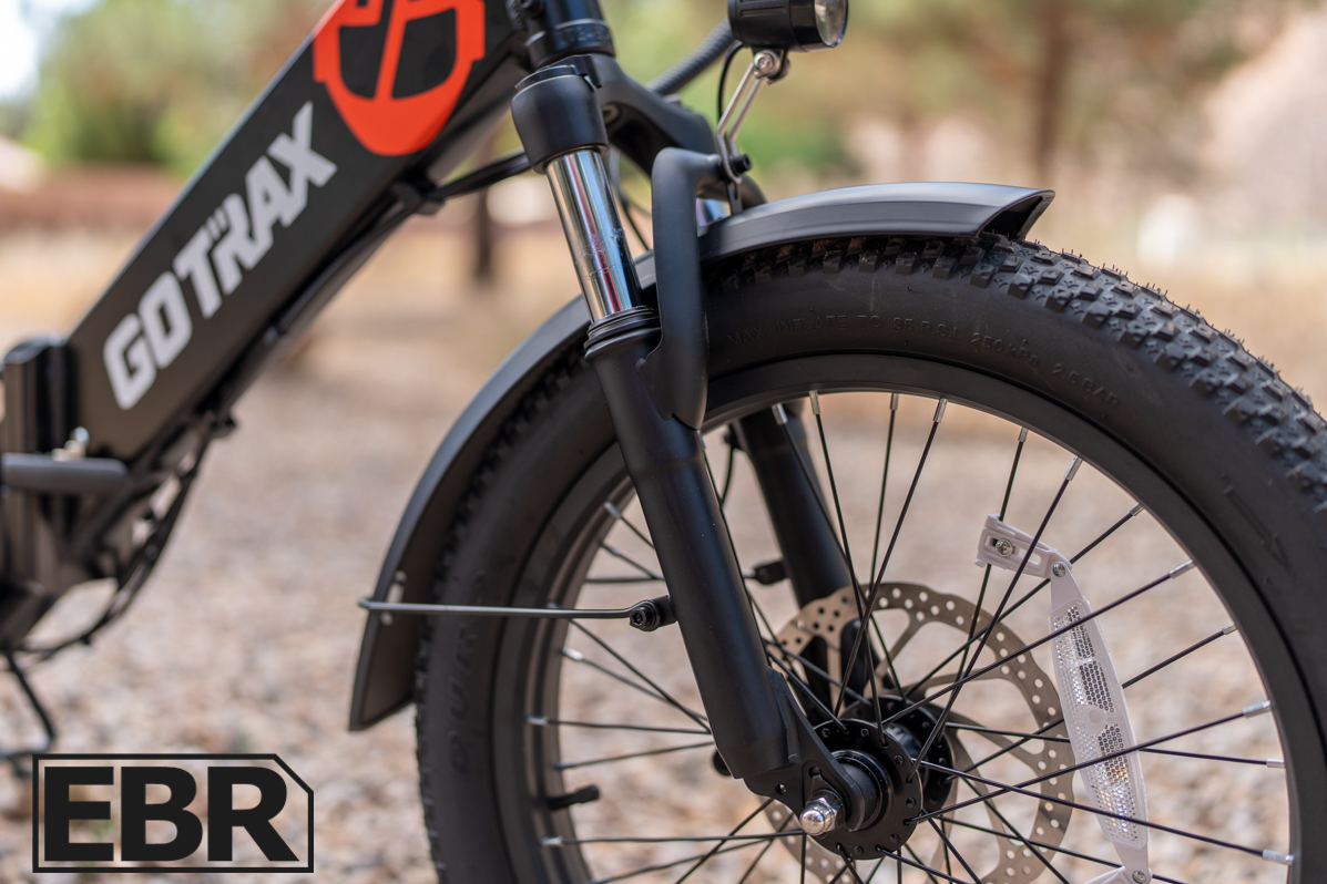GoTrax F2 front fork suspension close-up detail view