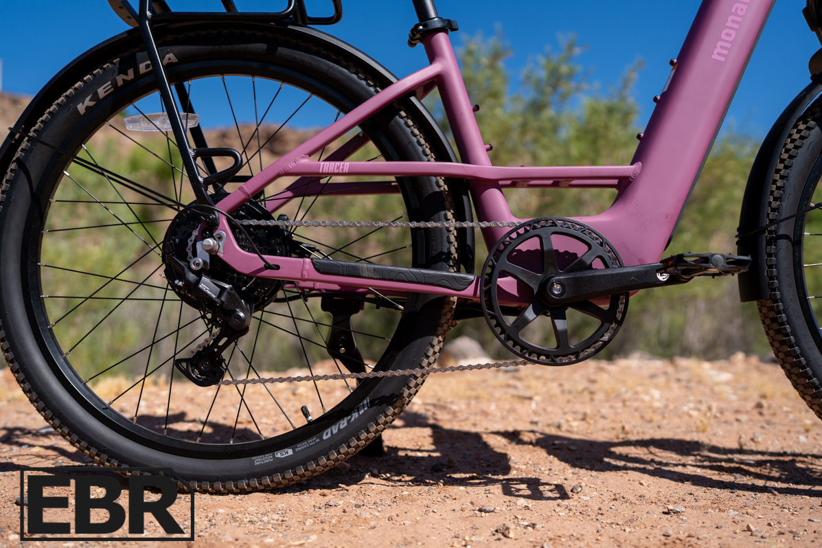 Monarc Tracer ST electric bike drivetrain components including motor chain and gearing system