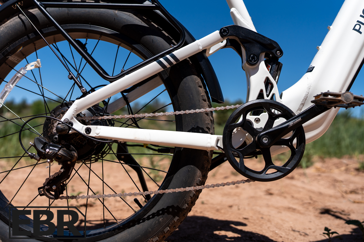 Puckipuppy Boxer ST drivetrain components including motor chainring and rear cassette