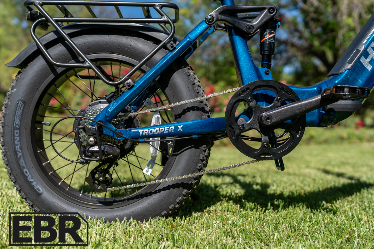 Hynox Trooper X drivetrain components including rear derailleur cassette and chain close-up view