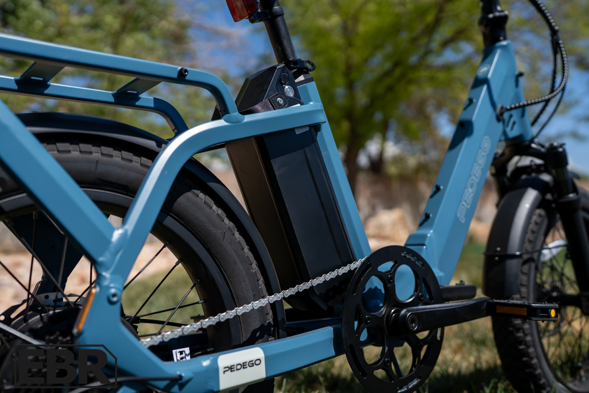 Pedego Latch 2 removable battery pack shown up close on the e-bike frame