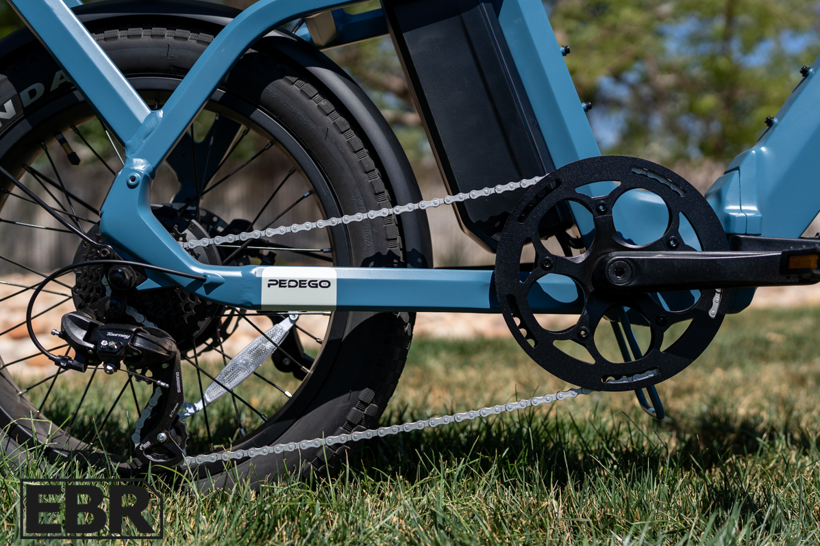 Pedego Latch 2 drivetrain components including motor chain and gearing system