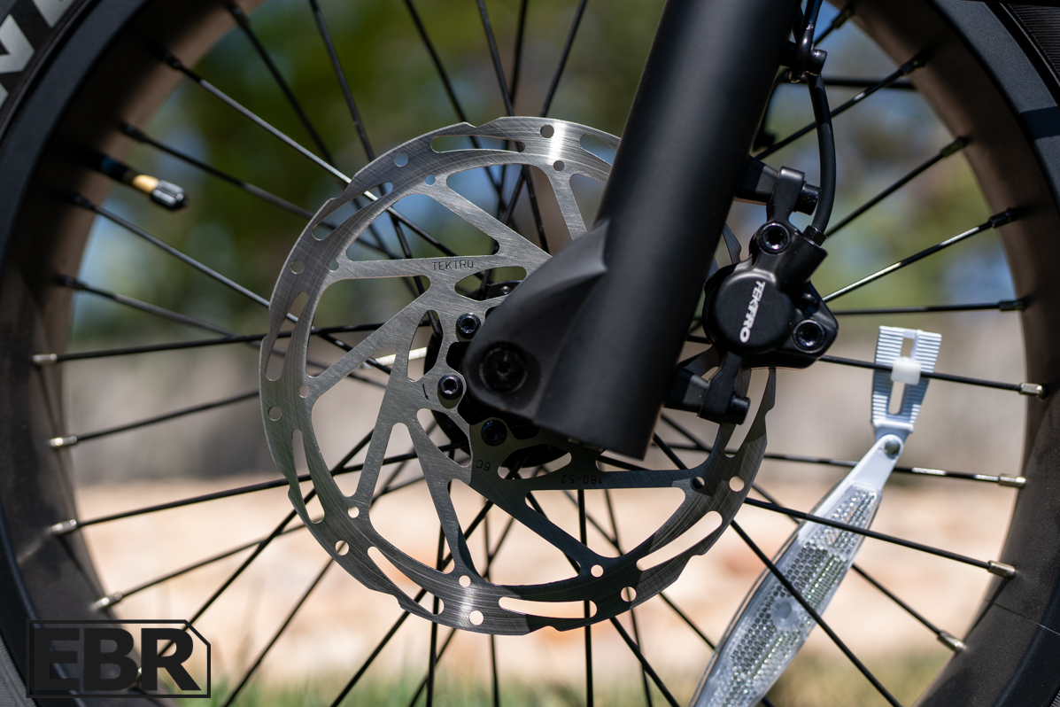Pedego Latch 2 front brake lever and caliper close-up detail