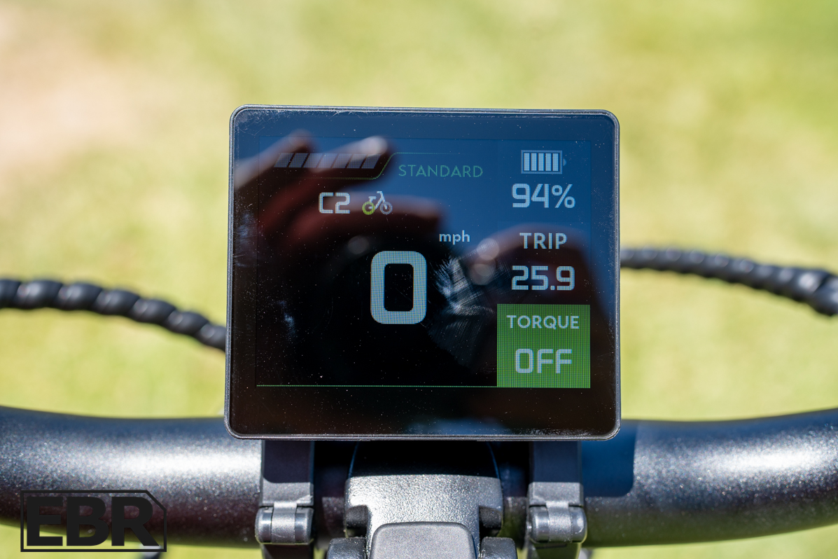 Pedego Ridge Rider 2 display screen showing speed battery and assist level readouts