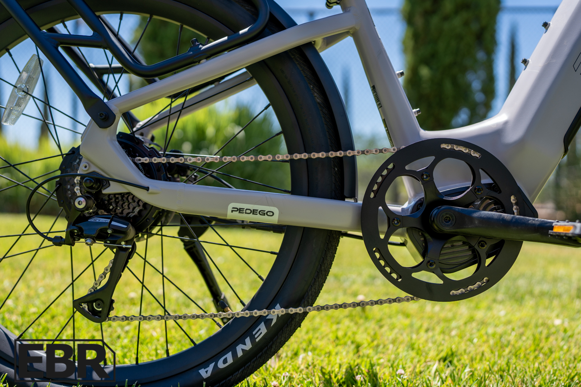 Pedego Ridge Rider 2 drivetrain close-up showing motor chain and gear components