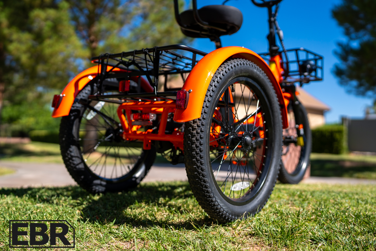 Mooncool TK2 trike wide rear fender detail view showing cargo trike rear coverage and design