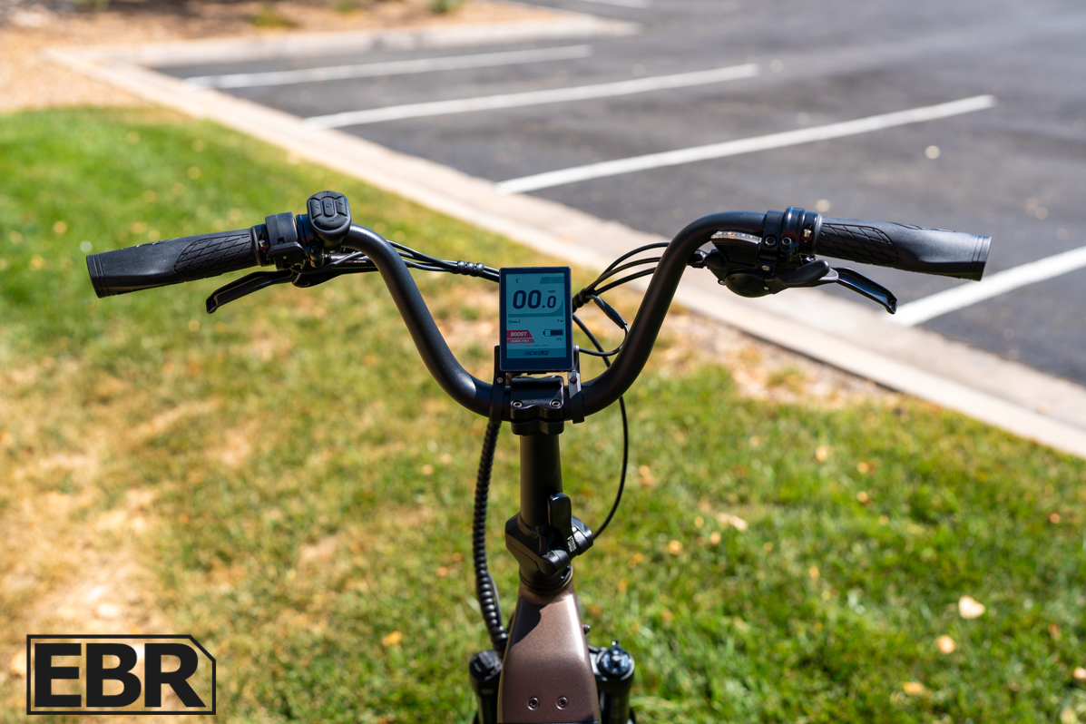 Ride1Up Portola 02 cockpit controls including handlebars display and brake levers