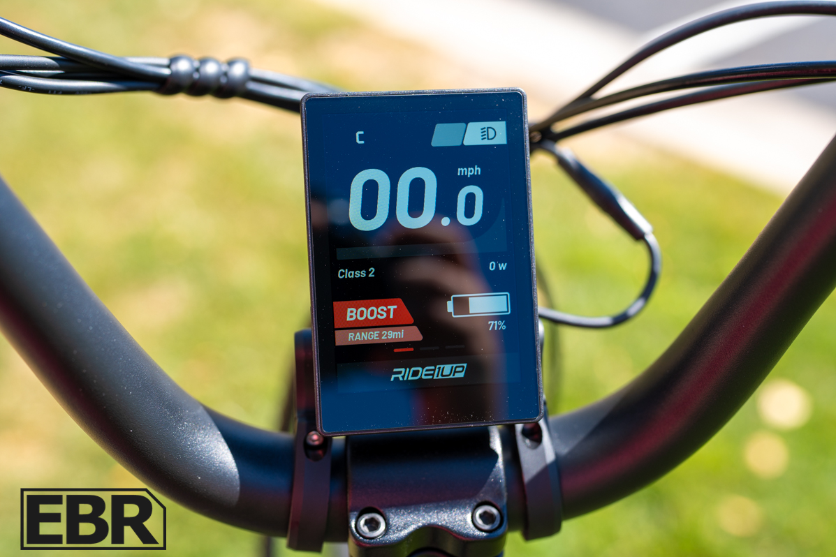 Ride1Up Portola 02 display screen showing speed and battery information
