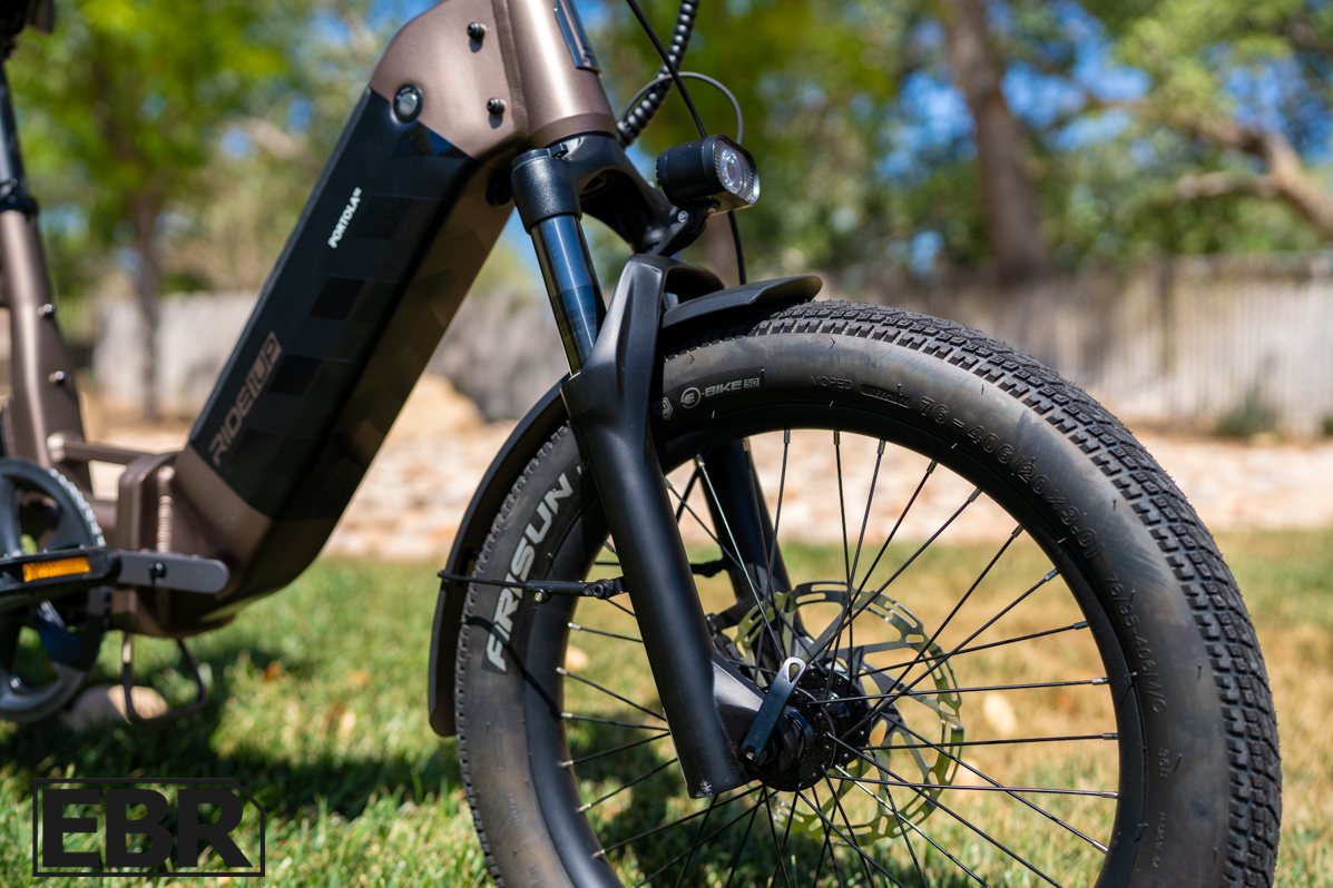 Ride1Up Portola 02 front suspension fork close-up detail