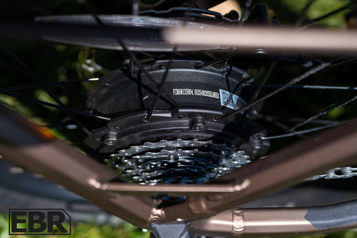 Ride1Up Portola 02 mid-drive or hub motor close-up detail shot showing motor unit