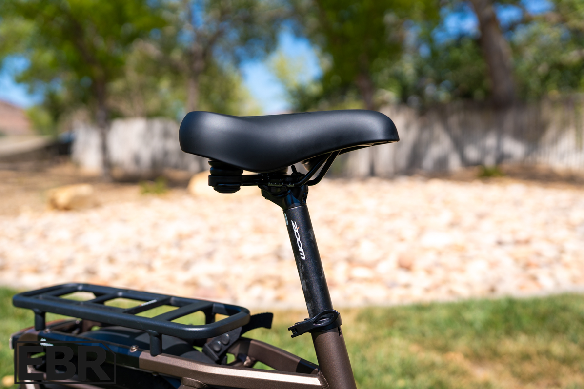 Ride1Up Portola 02 saddle and seat post detail close-up view