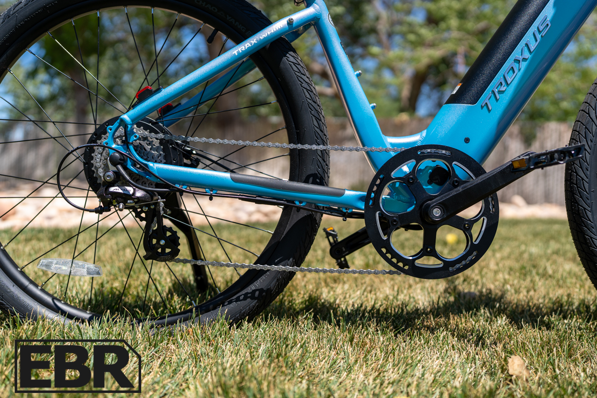 Troxus Trax Whim IQ drivetrain components including motor chain and rear cassette
