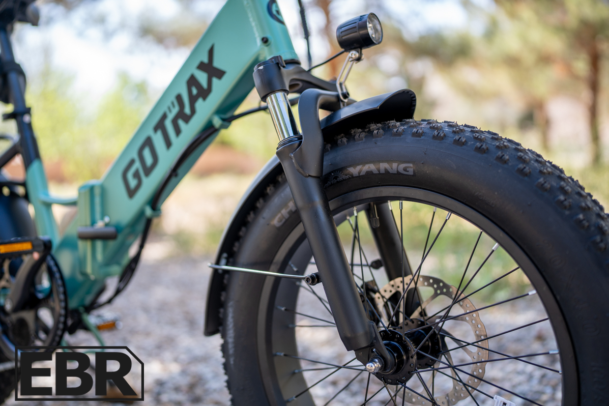 GoTrax F3 front suspension fork close-up detail view