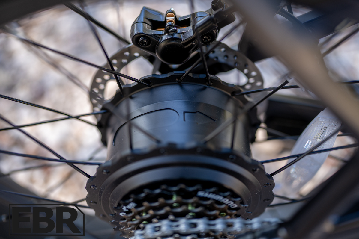 GoTrax F3 electric bike motor close-up showing the hub motor system