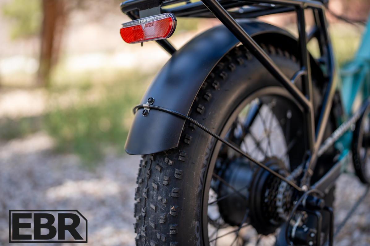 GoTrax F3 rear fender detail showing fender design and mounting on the electric bike