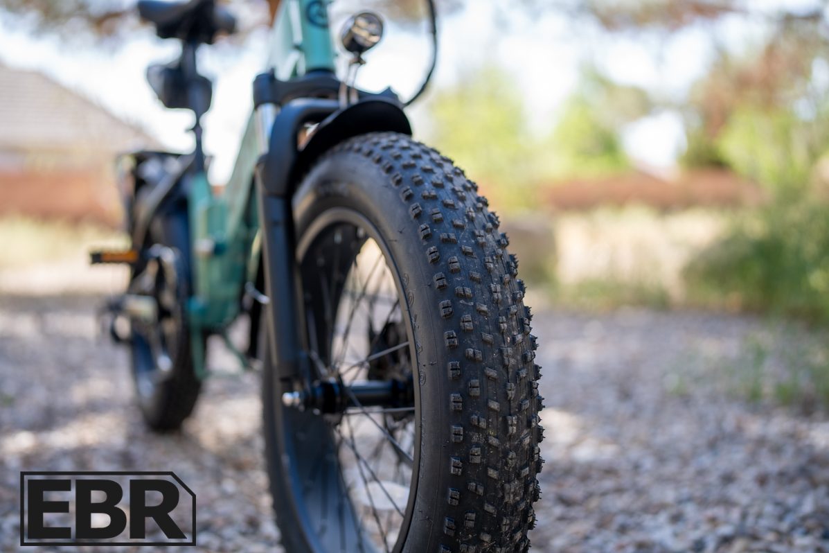 GoTrax F3 electric bike tire tread pattern close-up detail