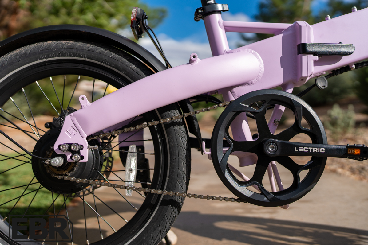 Lectric XP Lite 3 drivetrain close-up showing motor chain and gear components