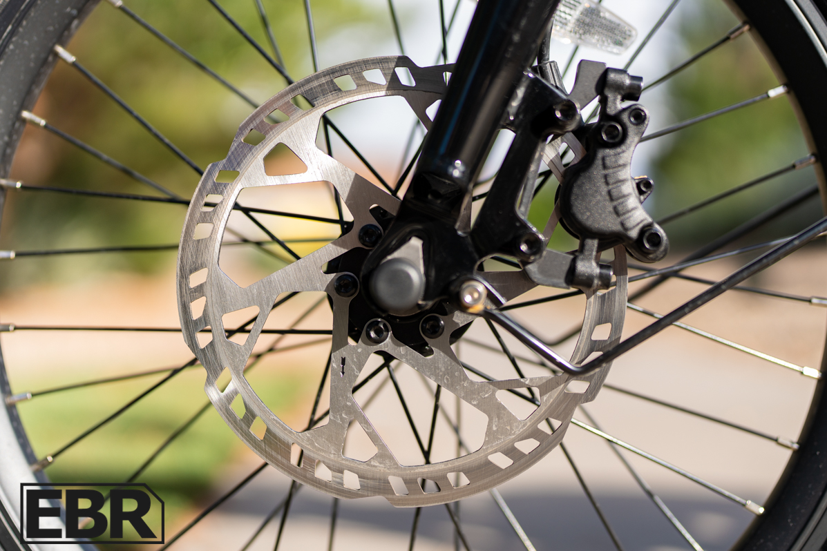 Lectric XP Lite 3 front brake lever and caliper close-up detail