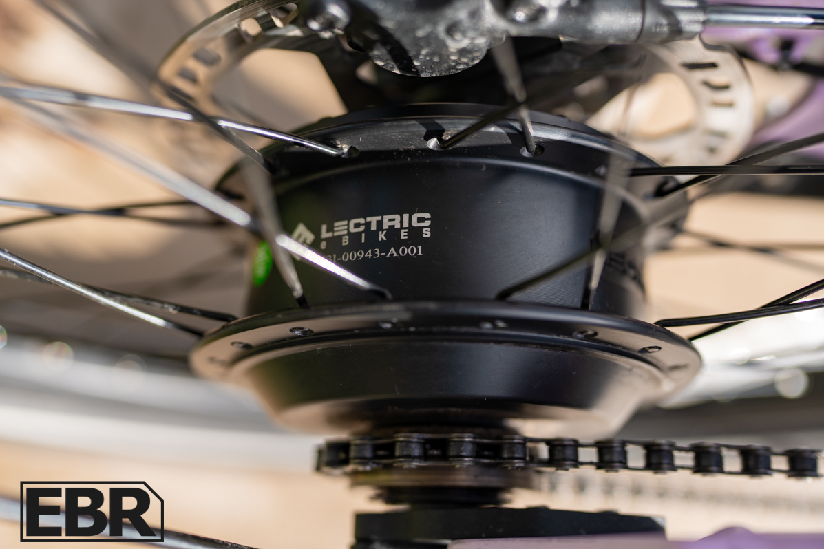 Lectric XP Lite 3 hub motor close-up showing the rear wheel drive system