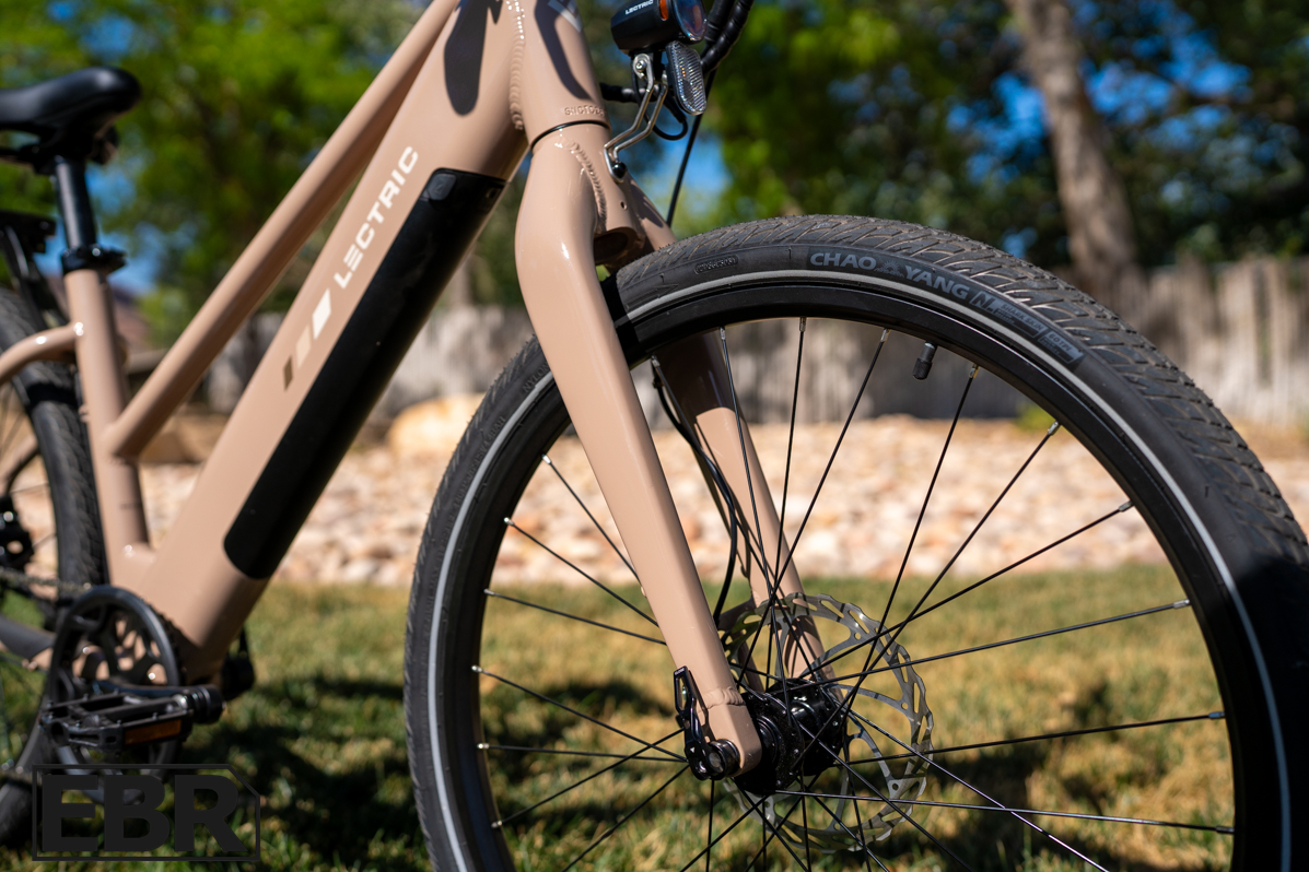 Lectric XPress Lite front suspension fork close-up detail view