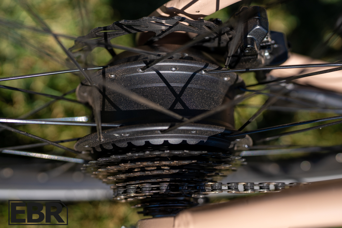 Lectric XPress Lite hub motor close-up showing electric drive system components