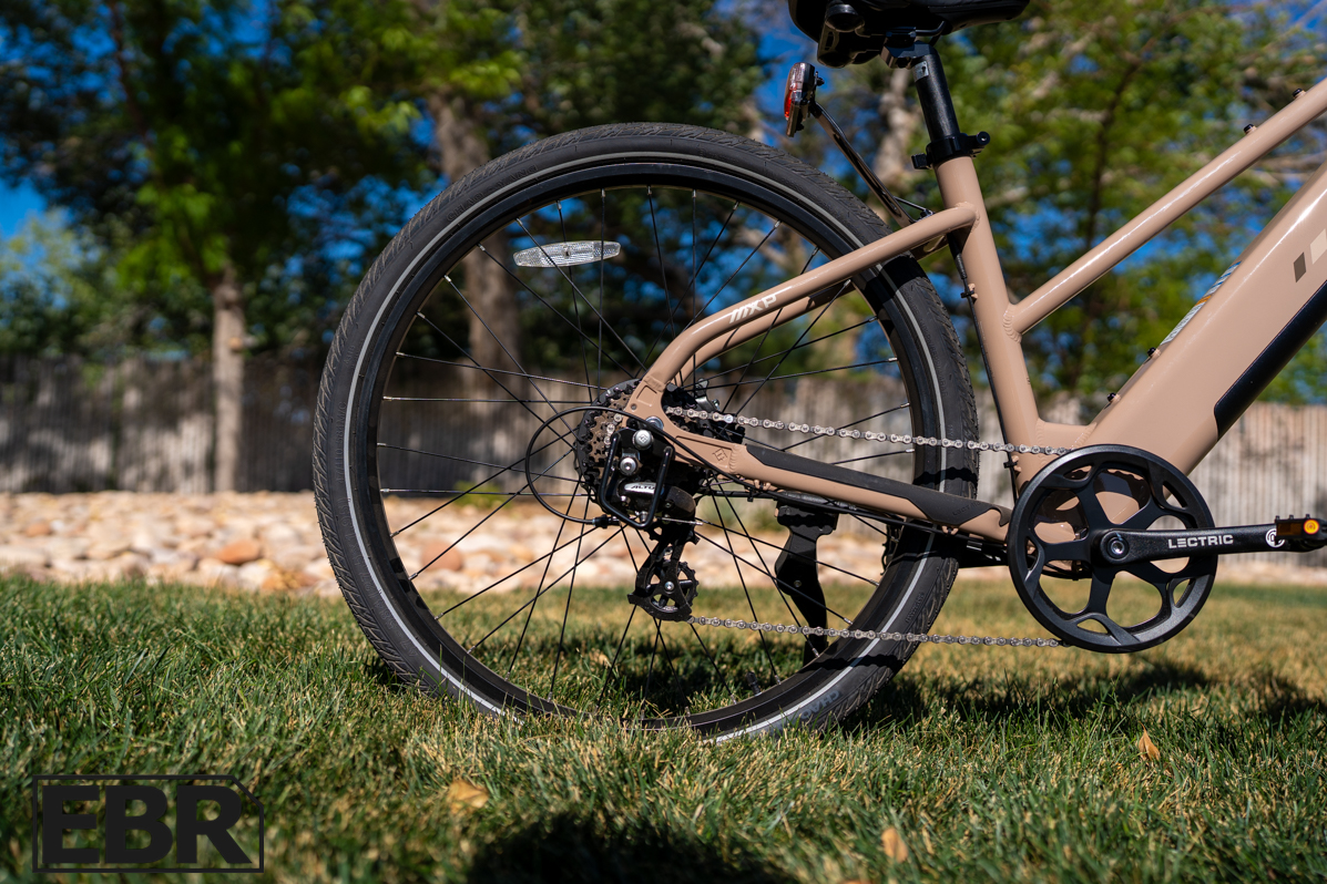 Lectric XPress Lite rear wheel close-up showing hub motor and tire detail